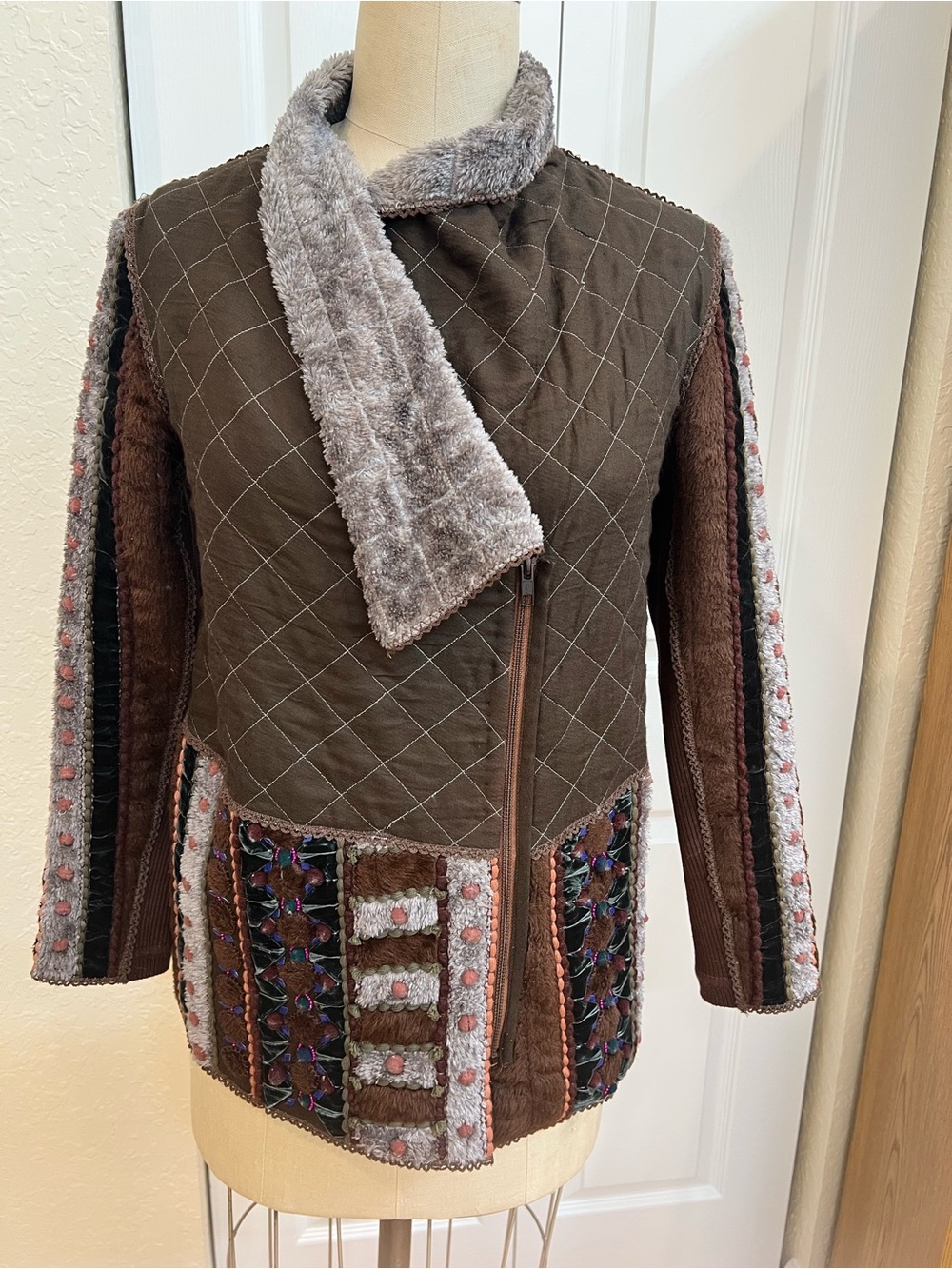 Blank London women’s Brown Quilted Teddy Jacket with Faux-Fur Trim